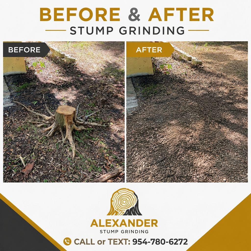 Before and after stump grinding beside a residential lawn